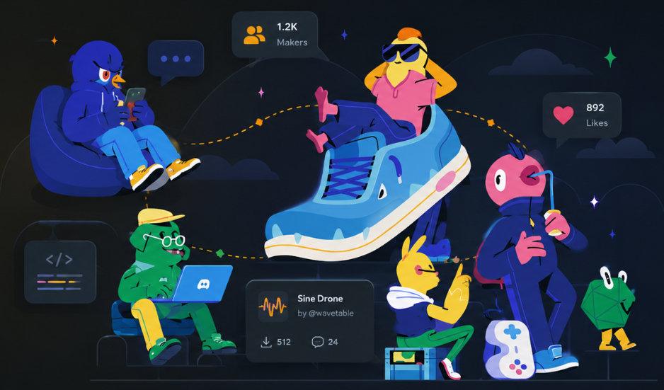 Illustration of Ondakit makers sharing patches, chatting and building together